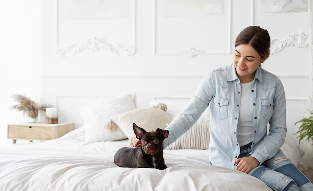 A content dog lounging on a plush, luxurious bed in a pet boarding facility.