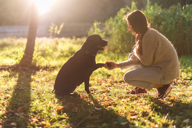 A woman shaking a dog's hand