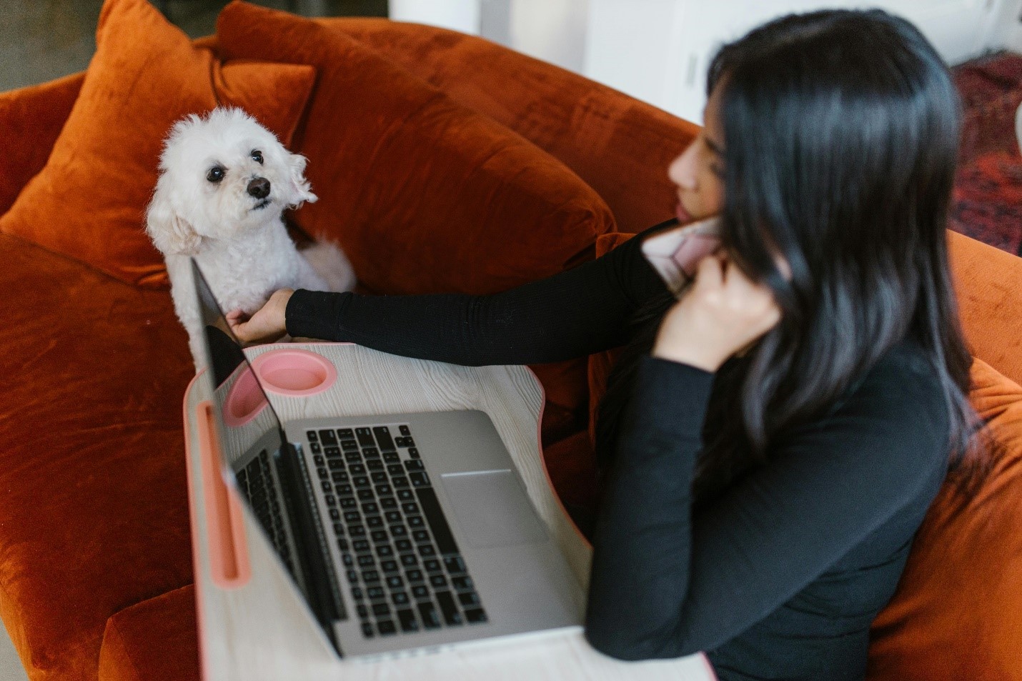 A picture of a person on a phone call using a laptop with a dog sitting beside