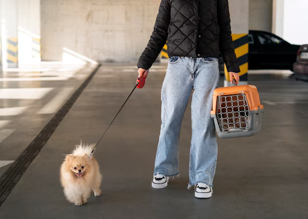 Woman with her dog and carrier preparing for drop-off at a dog boarding facility.
