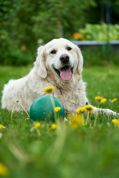  A happy dog playing outdoors with a ball at a dog day care